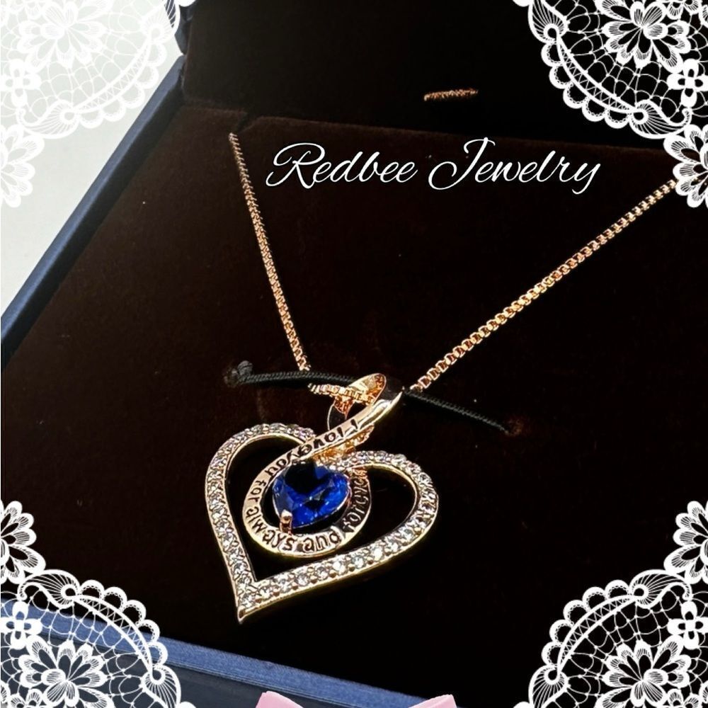 NIB Redbee 18kt GP, Rose gold over s925, "Sapphire" CZ in heart necklace!‎